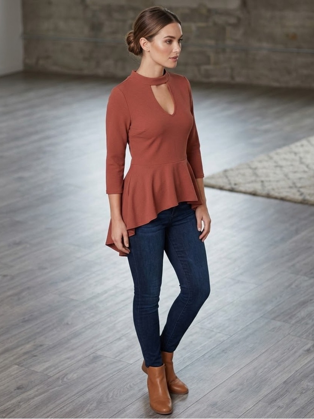 Keyhole Peplum Tunic in Rust